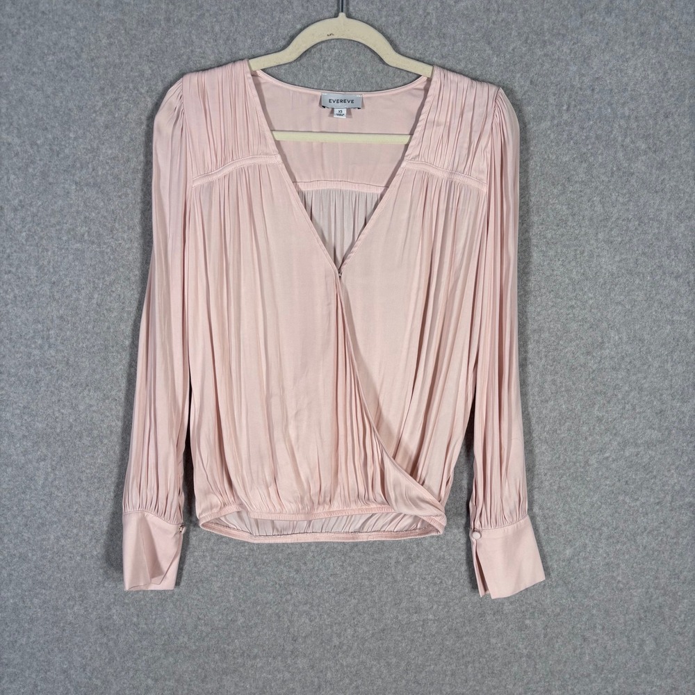 Evereve Rosalie Wrap Satin‎ Blouse XS Pink Ruched Surplice Romantic Coquette